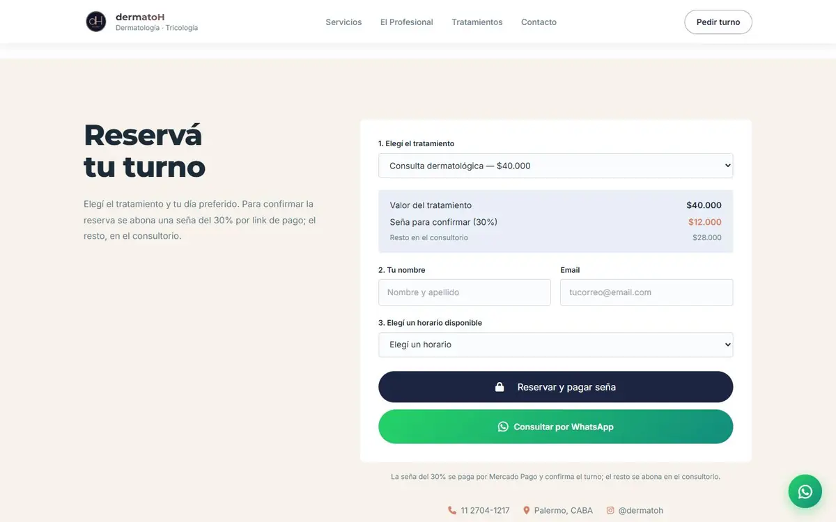Formulario de reserva de turno con el cálculo de la seña