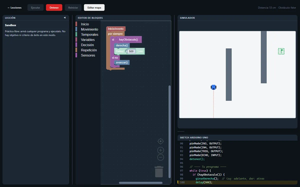 Sandbox del simulador: un programa que esquiva muros con el sensor y el código Arduino que genera