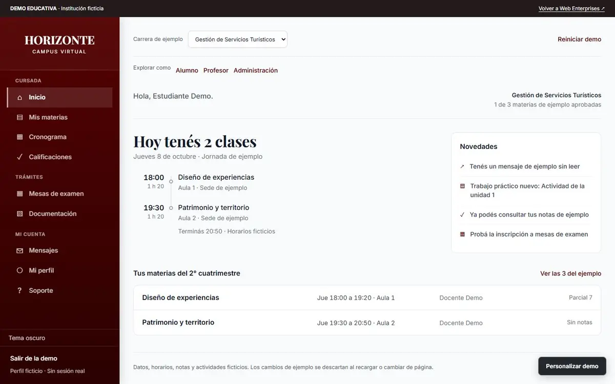 Inicio del campus del alumno con las clases del día