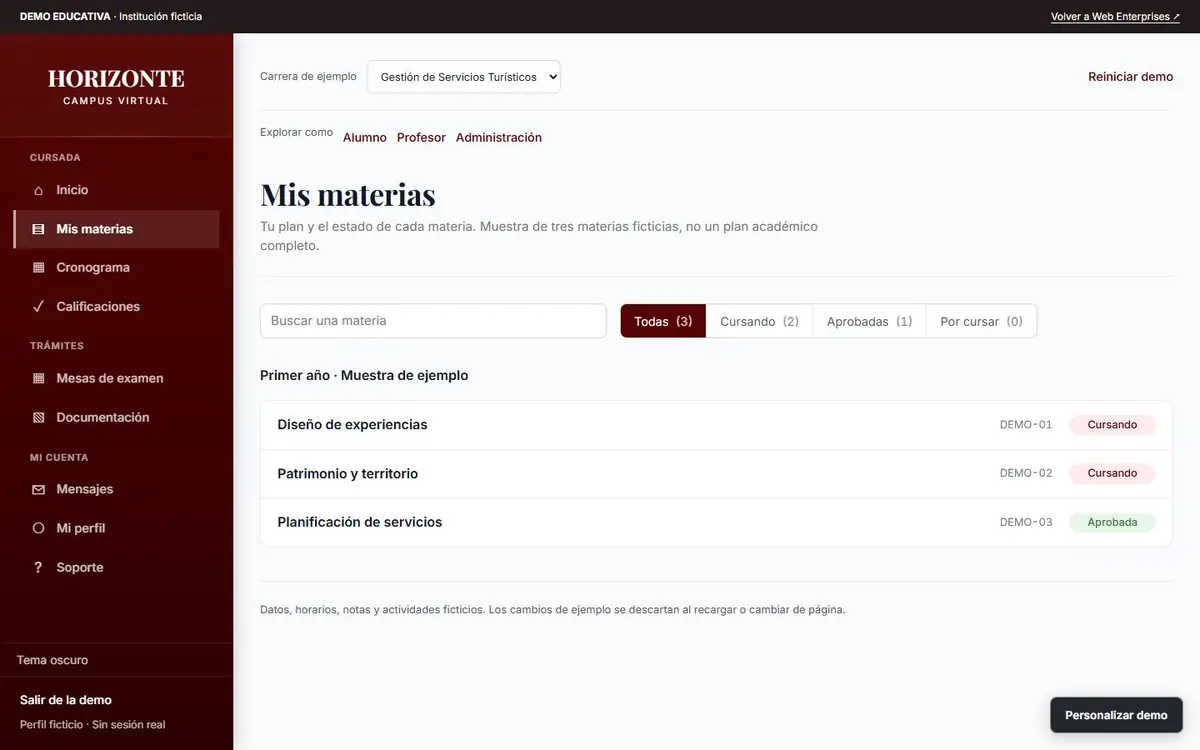 Listado de materias con filtros por estado